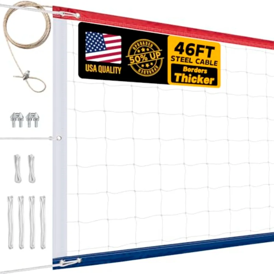 Upgraded Professional Volleyball Net Outdoor Heavy Duty Weatherproof, Extended Stainless Steel Cable and Reinforced Full Border