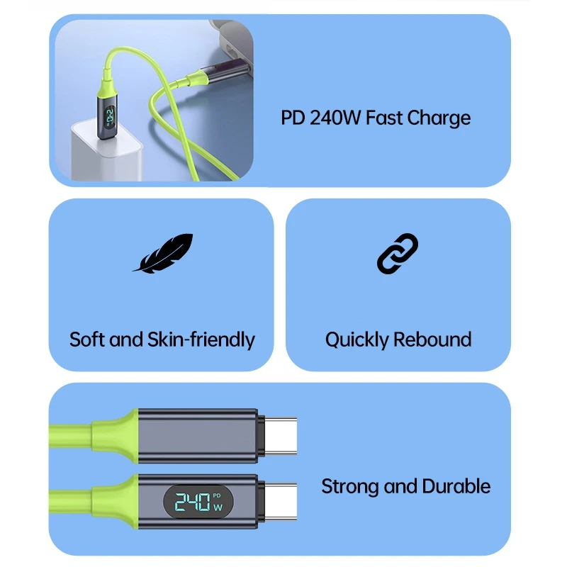 100W/240W Type C to Type C Cable Phone Super Fast Charging Cable With LED Display USB To Type-C Data Cord Liquid Silicone 2026