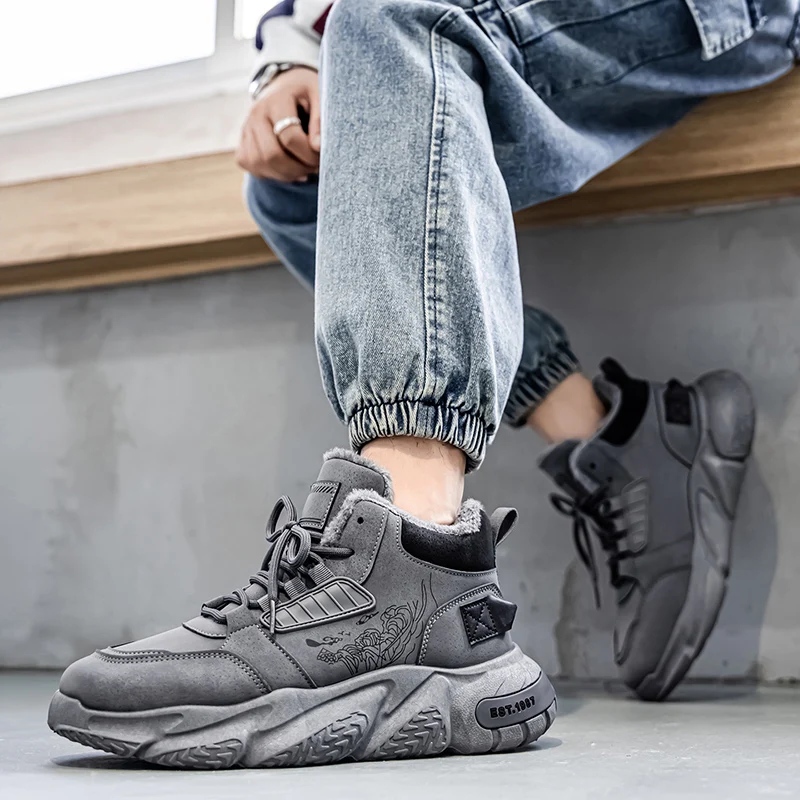 

Winter Warm High-top Thick-sole Height-increasing Anti-slip Solid Color Wear-resistant Fleece Lace-up Casual Running Shoes
