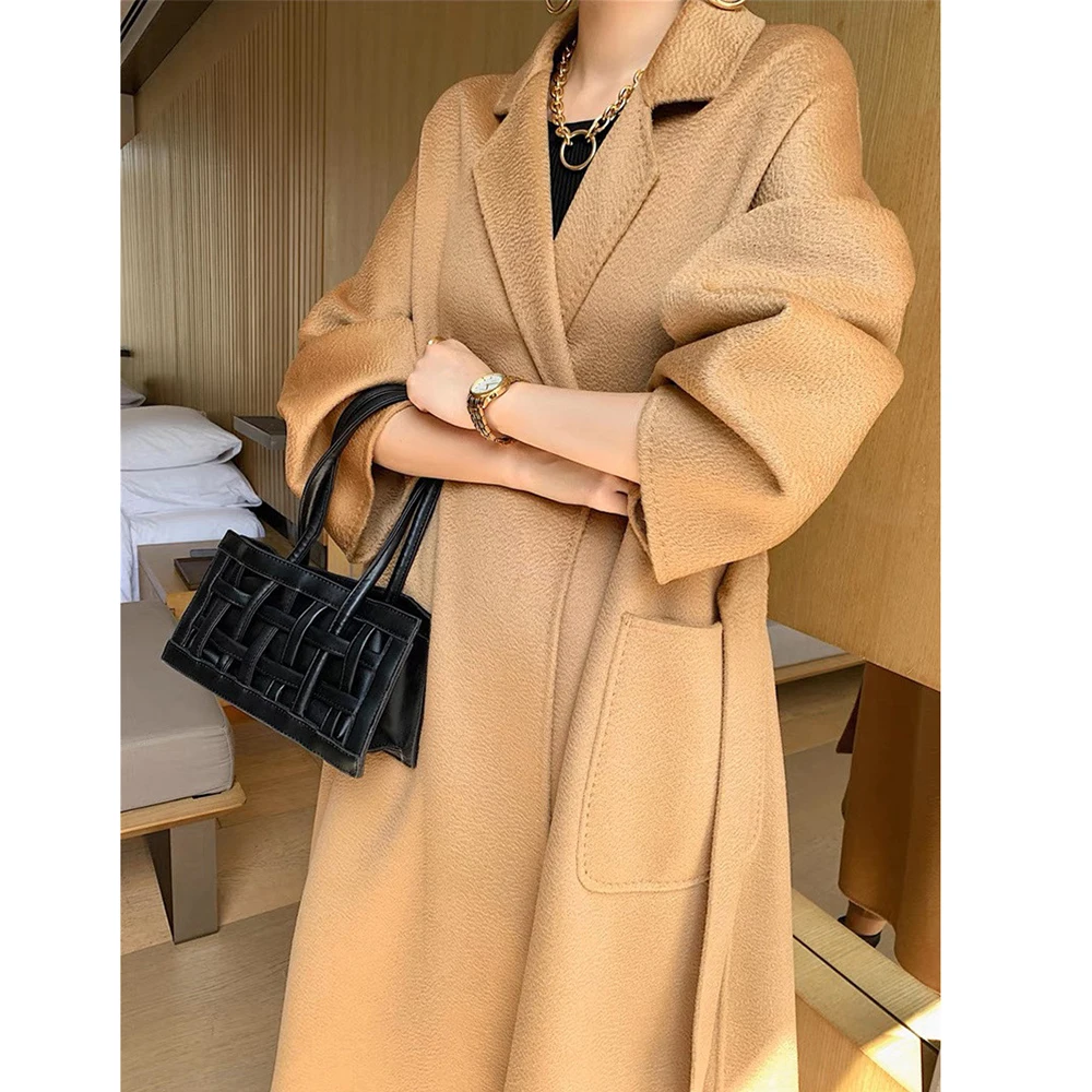 

2024 new women fashion beautiful water ripples long woolen coat European bathrobe lace-up double-sided wool overcoat pure color