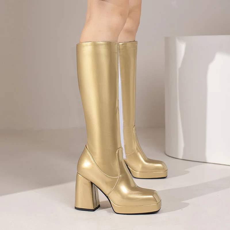 Silver Gold Knee High Boots Women 2022 Four Seasons 10cm Chunky Heels Shoes Square Toes Long Booties Big Size 48 Botas Mujer