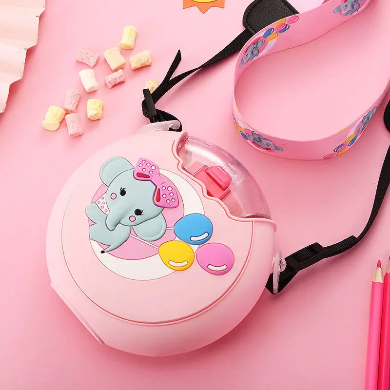 Kids Children Cartoon Animal School Drinking Water Straw Bottle Gravity Ball Straw Baby Cup with Shoulder Strap Water Bottle