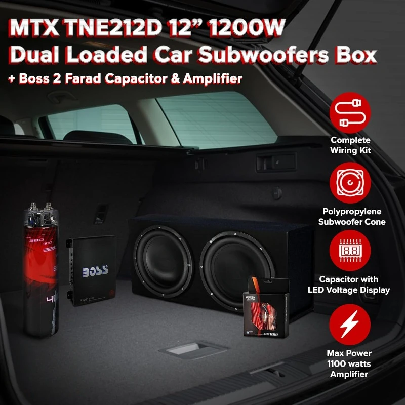 12 Inch 1200 Watt 4 Ohm Dual Loaded Car Audio Subwoofer Package with Sub Enclosure, Wiring Kit and Capacitor