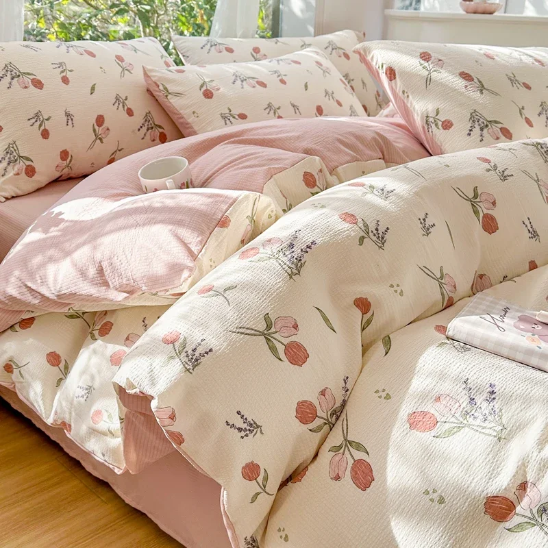Fresh Plant Flower Bedding Set Pink Floral Duvet Cover Soft Wash Cotton Home Textiles Pillowcase Sheet Girls Adults Bed Linens