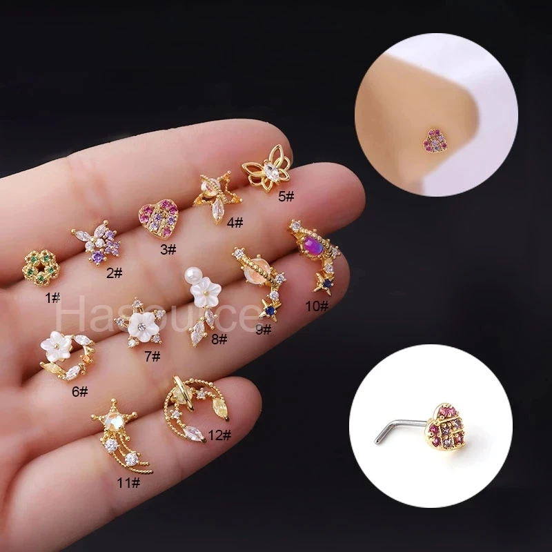 1PC L Shaped 316L Surgical Stainless Steel Nose Studs Nose Rings Fashion Multicolor Zircon Nose Stud Screw Nose Piercing Jewelry