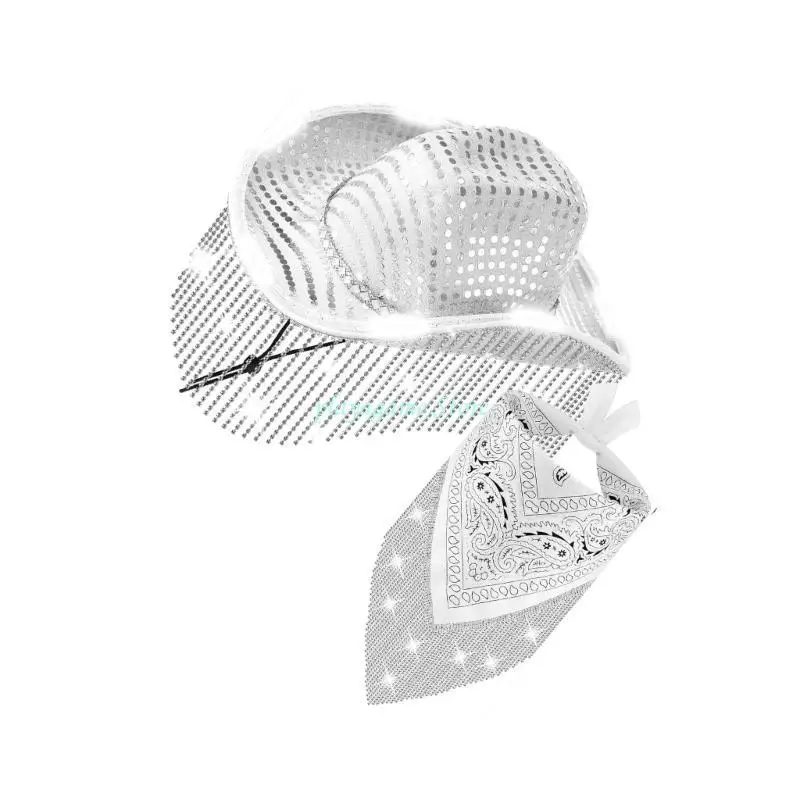 مجموعة Y88A Trend Cowgirl Hat ووشاح الرقبة قبعات رعاة البقر واسعة الحواف لحفلات الزفاف #1