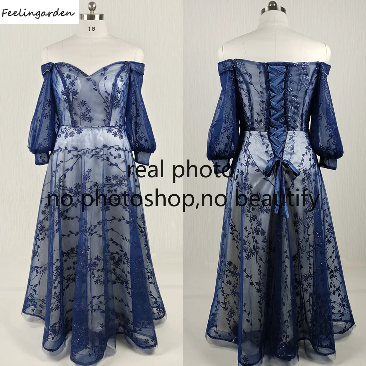 

Feelingarden Customized Real Photo Evening Dress Navy Blue Off the Shoulder A-line Floor Length Plus size Lady Party FOrmal Gown