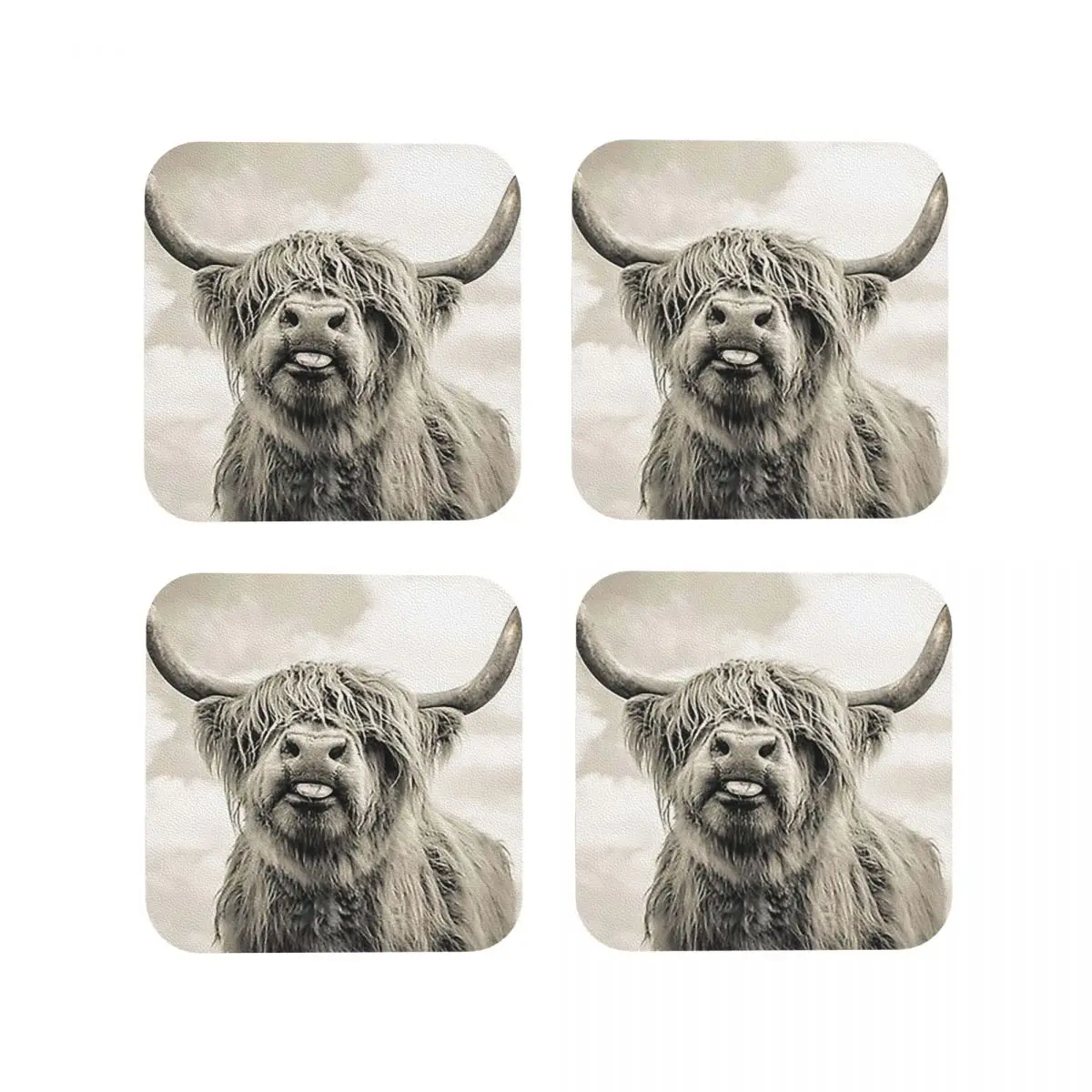 Cheeky Highland Cow Coasters Kitchen Placemats Waterproof Insulation Cup Coffee Mats For Decor Home Tableware Pads Set of 4