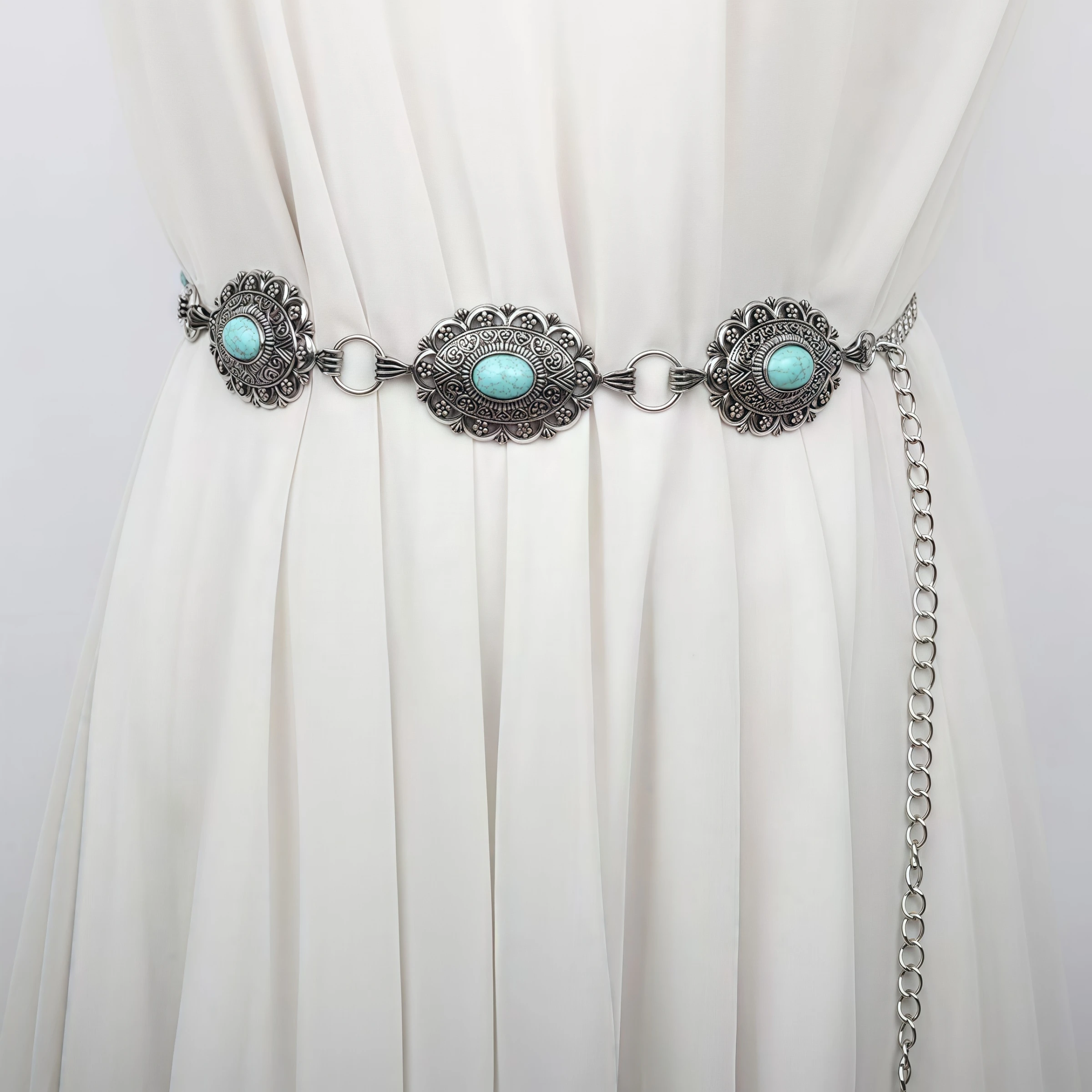 1 Piece Bohemian Style Inlaid Turquoise Women Alloy Belt, Light Luxury Versatile Dress Accessory