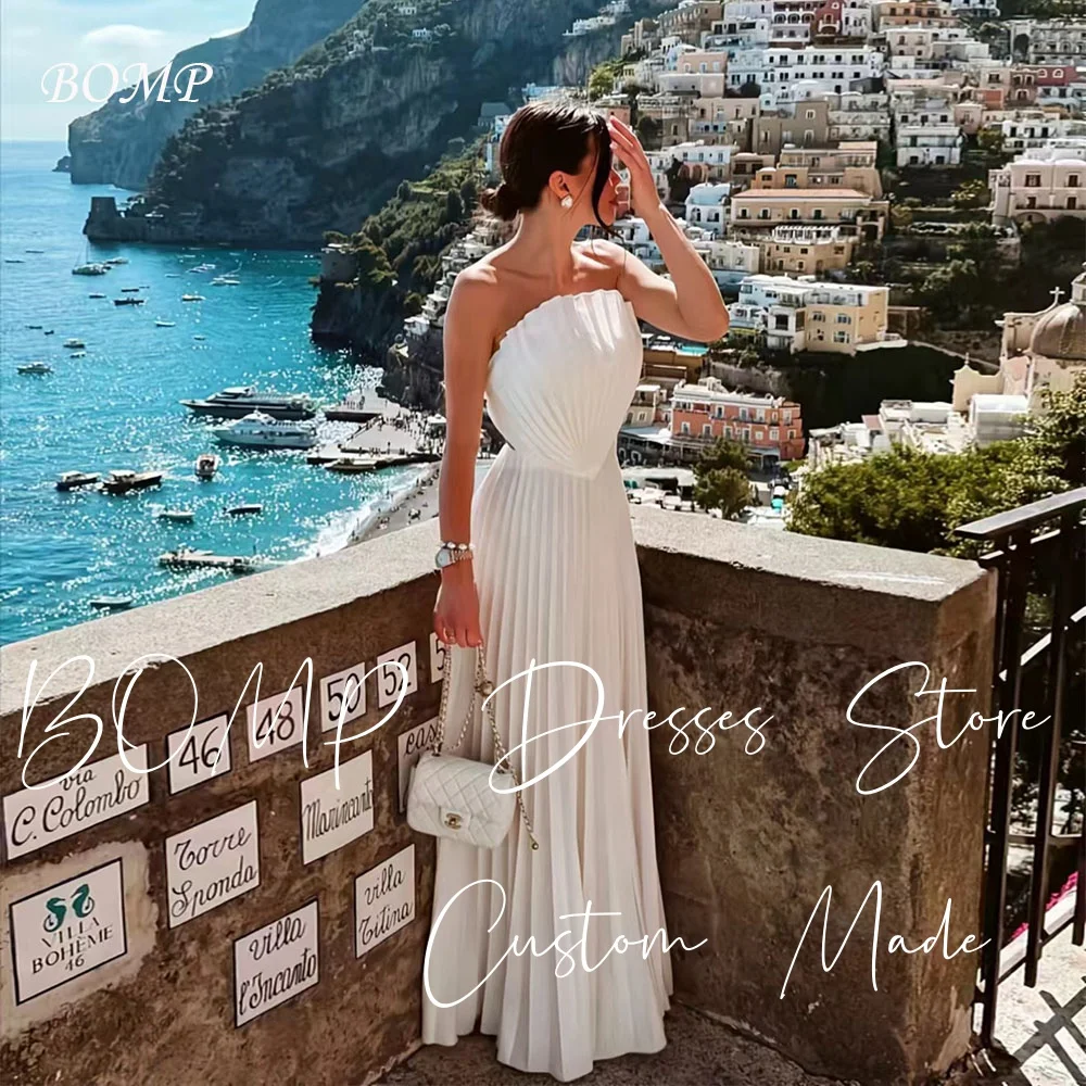 

BOMP Elegant Pleat Evening Dresses Strapless Backless A-Line Floor Length White Satin Special Occasion Dress Customized Simple