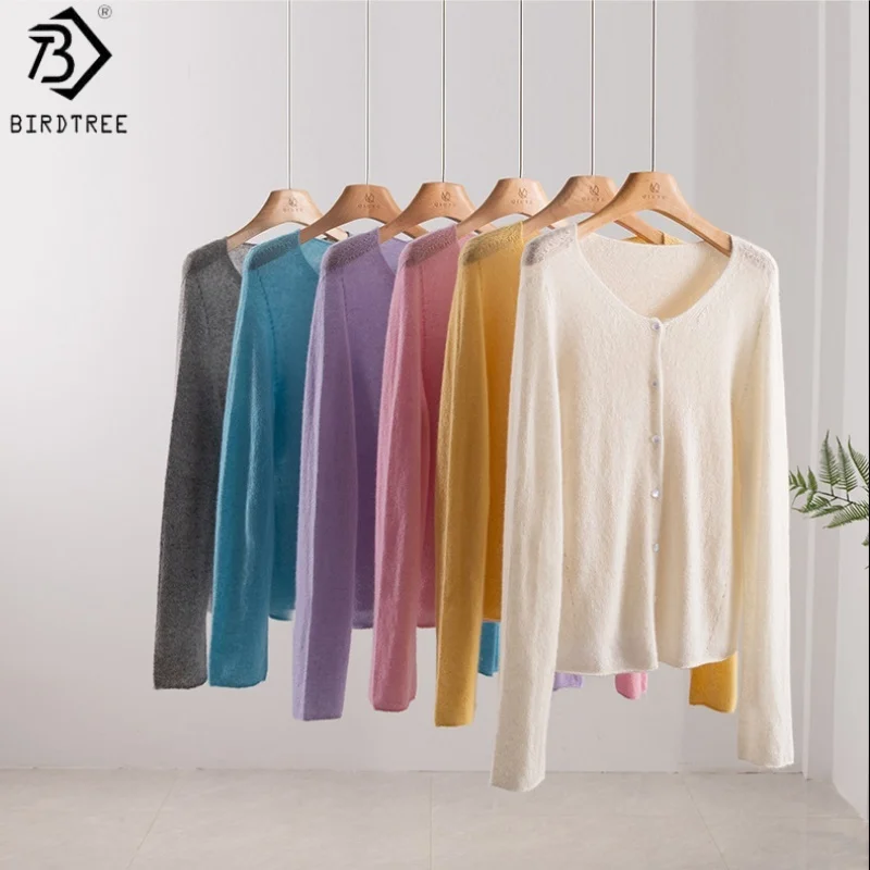 

Birdtree 75% Cashmere 25% Silk Solid Basic Knit Cardigan,Woman Long Sleeve Seamless Loose Single Breasted Sweater AutumnT58025JF