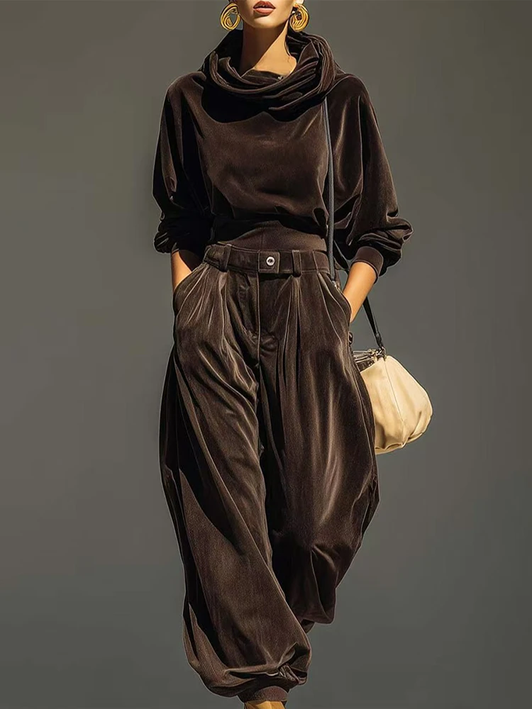 autumn women's long sleeved casual style polyester material new fashionable pullover hooded long pants set