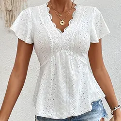 Fashion Lace See-through V-neck Short Sleeve Blouse Women 2024 Casual Spring Summer Stretch Shirts Ladies Tops Mujer Elegant