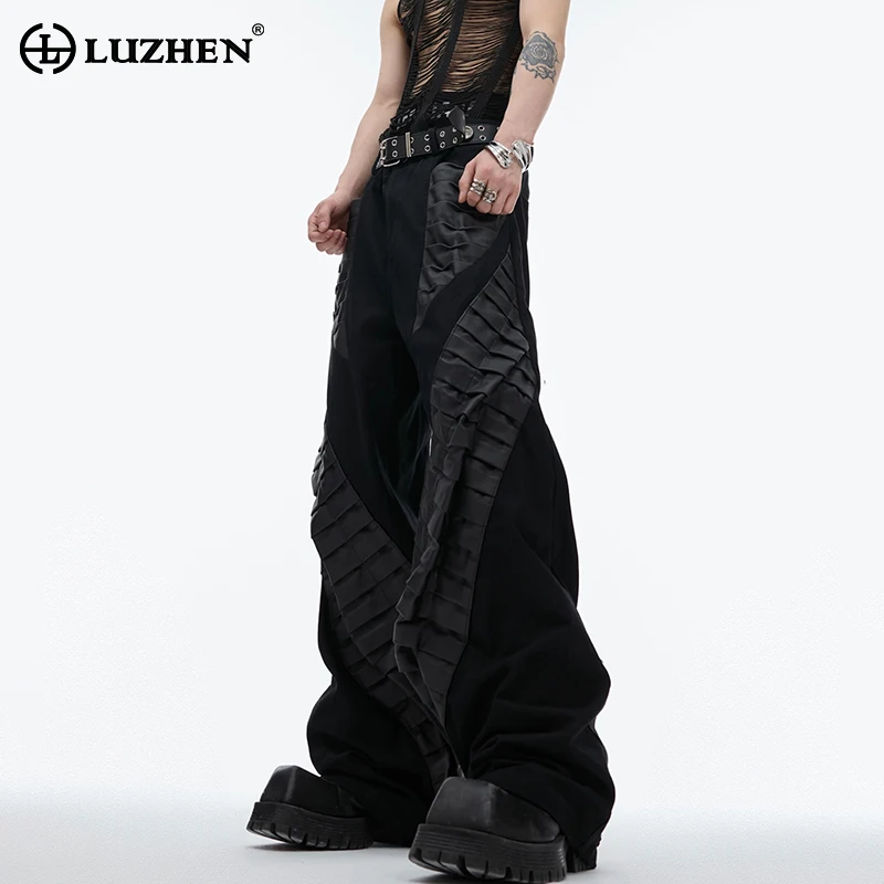 

LUZHEN 2024 Stylish New Original Leather Splicing Design Casual Pants Men's Trendy Personalized Niche Loose Bell-bottoms LZ4038