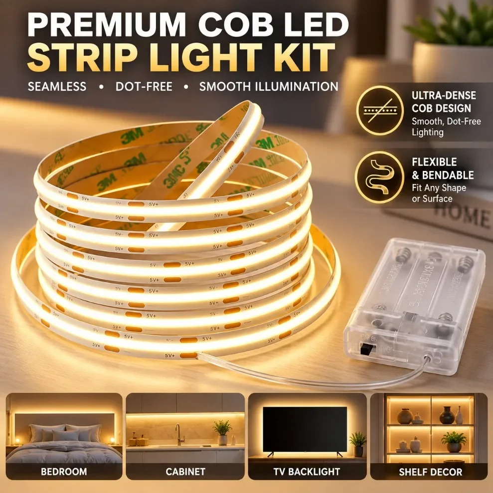 0.5-5M 8mm PCB COB LED Strip DC5V 320LEDs/M Flexible Light Tape 3AA/CR2032 Powered multicolor for TV Cabinet Bedroom Backlight