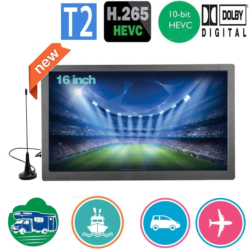 Top 16 Inch Portable Mini Digital TV Support DVB-T2 Hevc H265 10Bit Code Car Tv Kitchen TV Dolby AC3