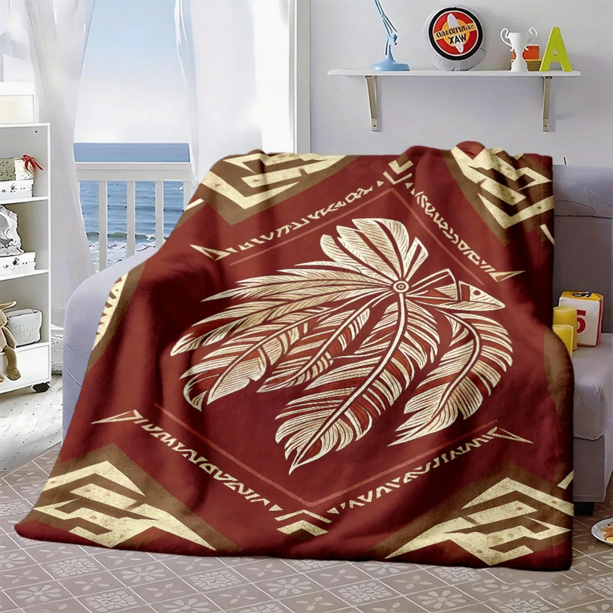 Southwest Tribal White Feather Pattern Comfortable Fleece Blanket Fit Living Room Bed Travel Camping All-season Household Decor