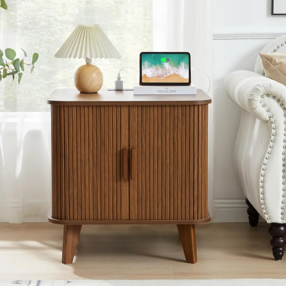 

24" Large Square End Table with Charging Station, Farmhouse Fluted Sofa Side Table with Sliding Tambour Door & Storage