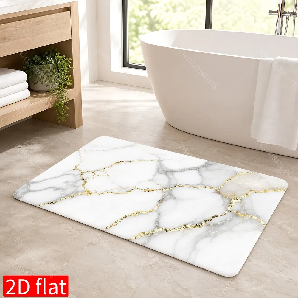Luxury White Marble Gold Vein Pattern Bath Mat Rug Waterproof Bathroom Decor for Master Bathroom Elegant Home Accessories Accent