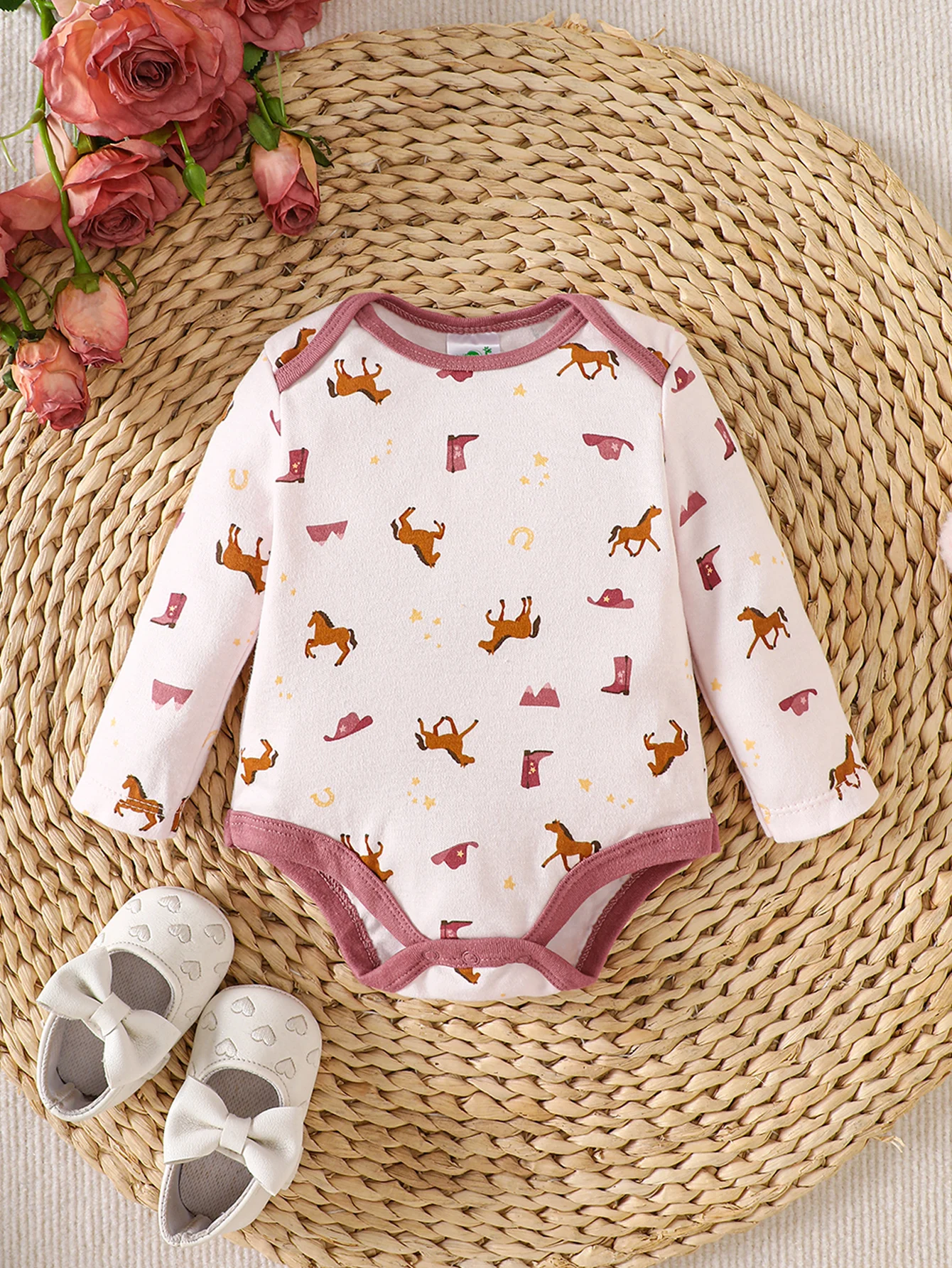 Baby Long Sleeve Bodysuits 3Pcs Set Cute Horse Print Cotton Newborn Rompers 0‑9 Months