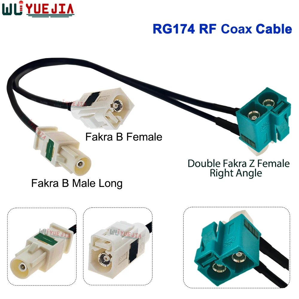RG-174 Universal Twin Fakra Z Female Right Angle to Fakra B Male Plug And Fakra B Female Jack Connector 50 Ohm RF Coaxial Cable