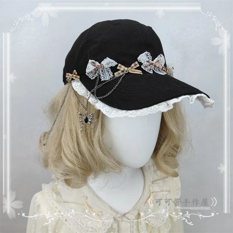 Handmade Lace Bow Sweet Cap Black Cool Girl Baseball Cap Decorative Subculture Hat