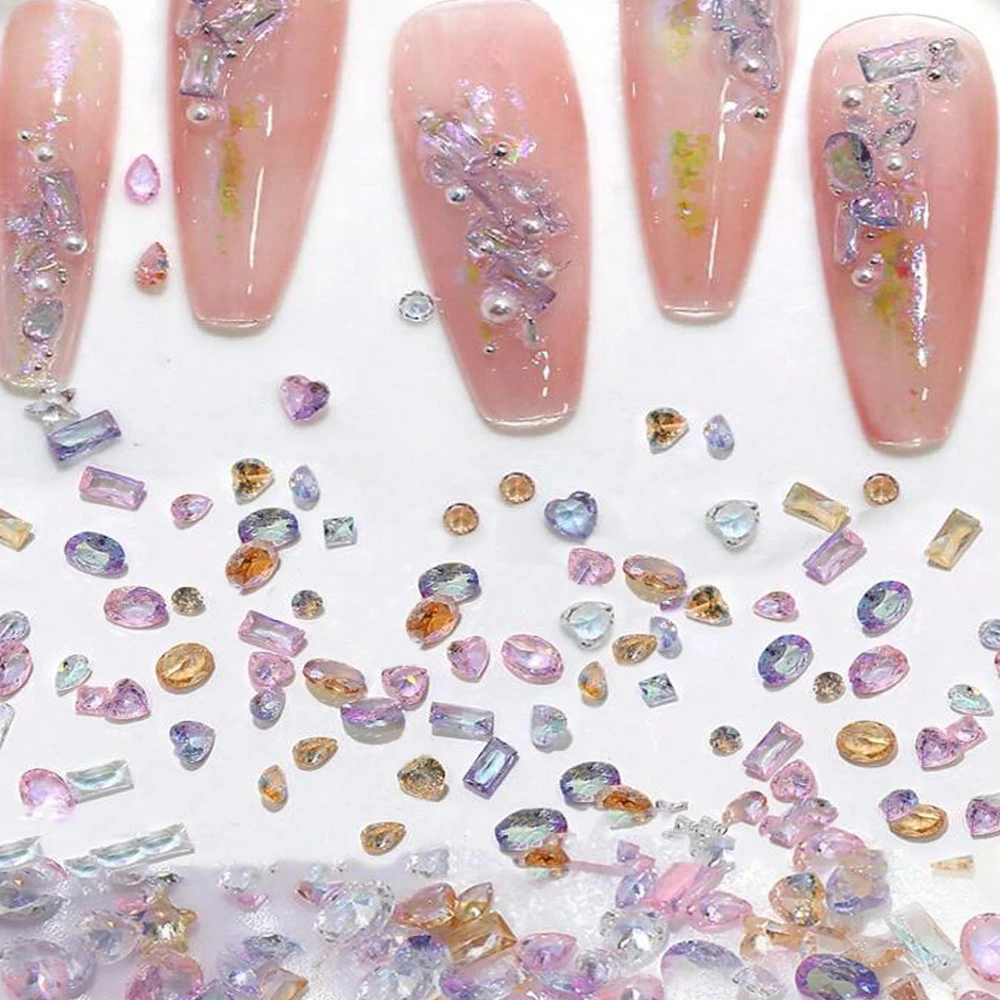 50PCS 5A 스파클 미니 지르콘 네일 아트 라인 석 오로라 얼음 반투명 코냑 네일 다이아몬드 믹스 모양 보석 매니큐어 참 데코