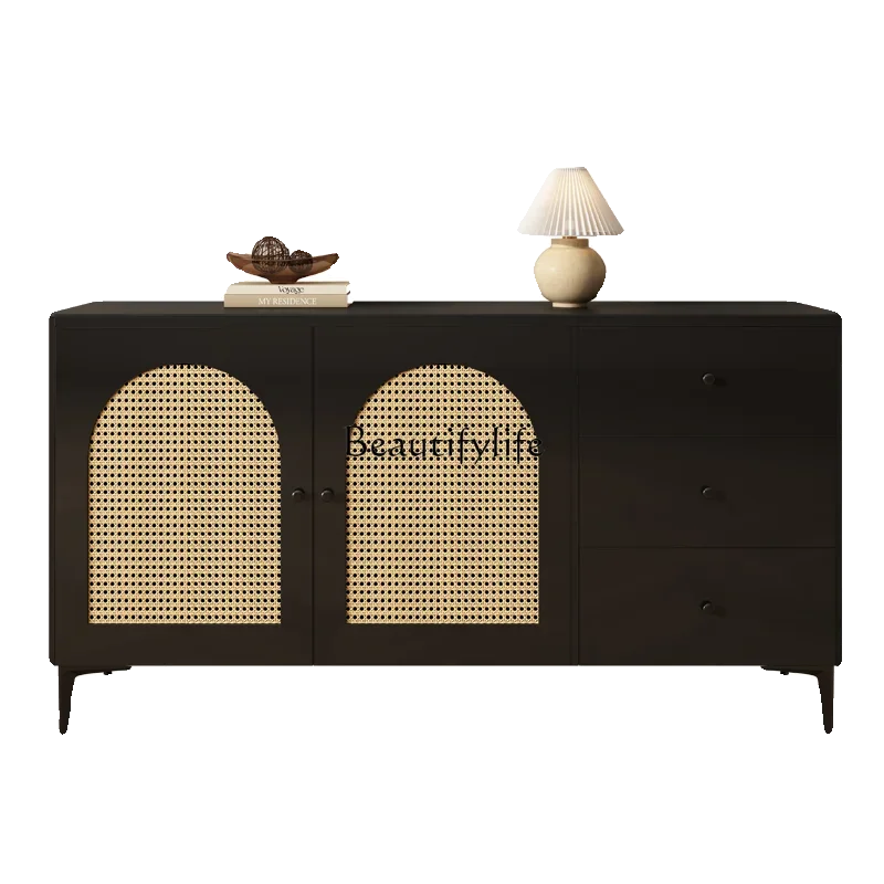 

*French light luxury rattan dining side cabinet solid wood medium and ancient style rock slab entrance wall locker