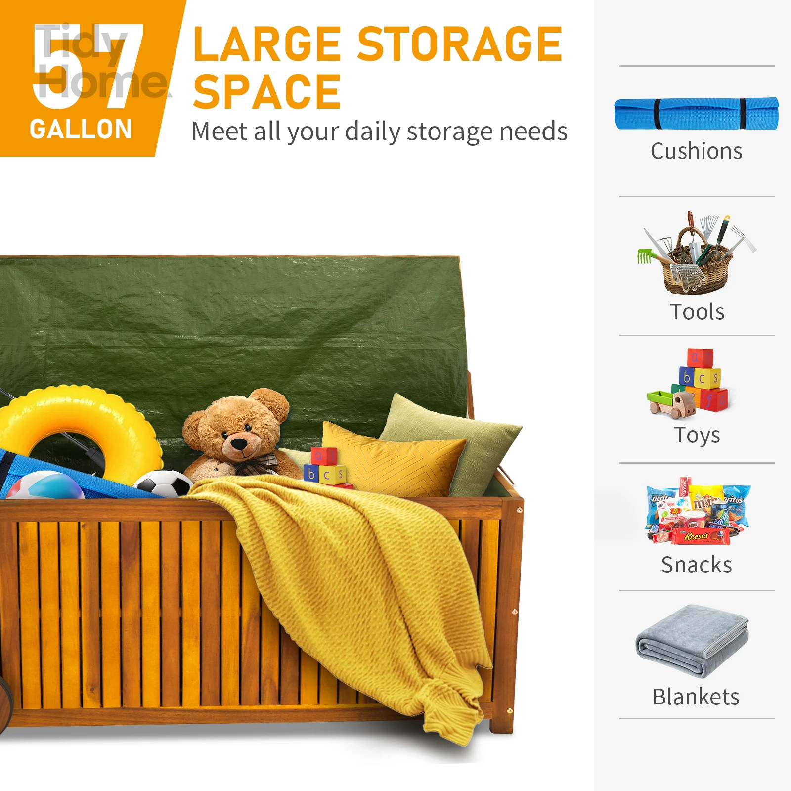 57 Gallon Outdoor Wood Storage Container Mutifunctional Garden Storage Bench Pool Deck Box, Natural Wood Color storage shed