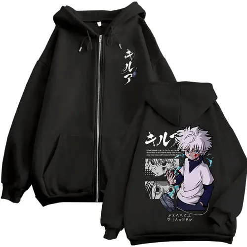 Anime Hunter X Hunter Sudadera con capucha con cremallera Killua Zoldyck sudaderas con capucha gráficas hombres mujeres Vintage de gran tamaño de lana de algodón con cremallera chaqueta abrigo