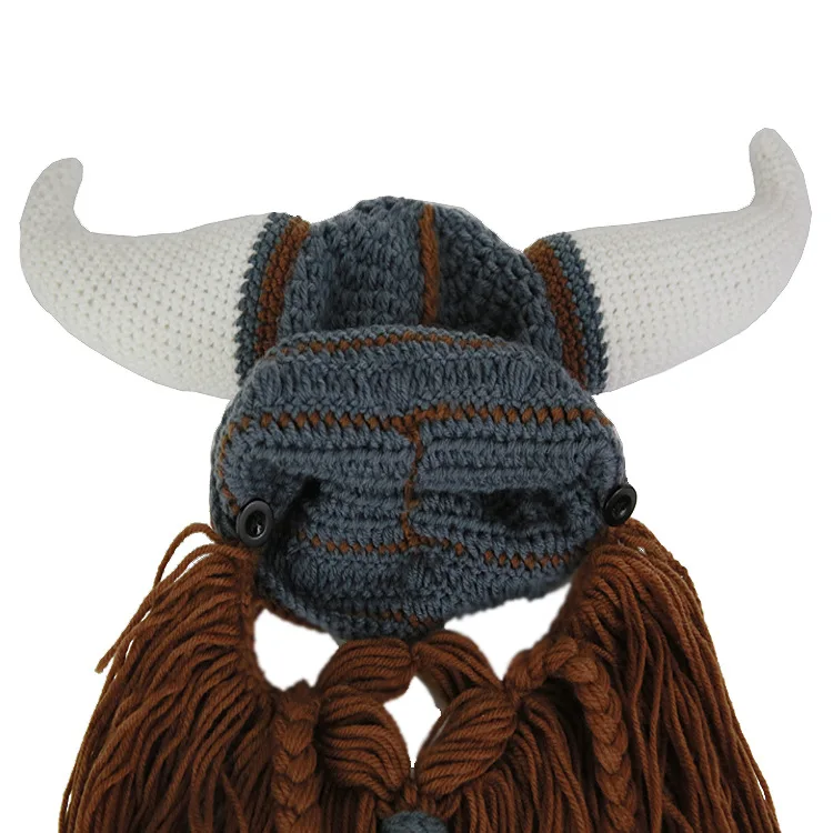 Adult Beard Viking Knit Hat Barbarian Bull Horn Crochet Beanie Handmade Wig Facemask Beanie for Men Warm Funny Ski Cap