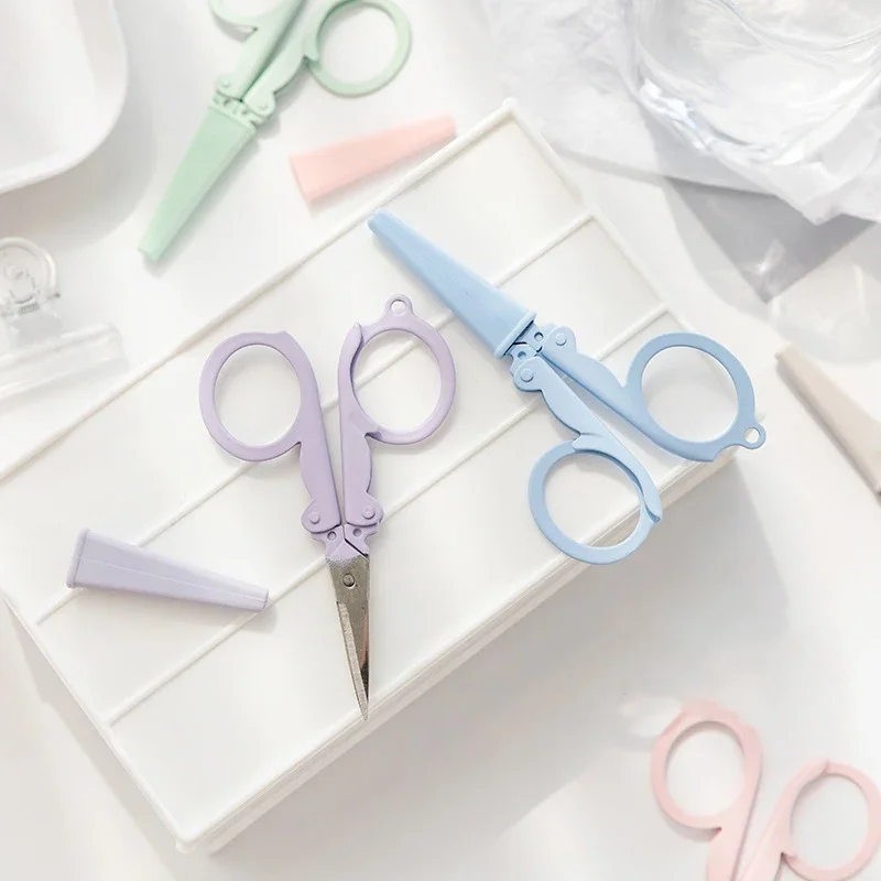 Kawaii Folding Scissors with Protective Cover DIY Paper Cutter Knife Cute Scissors Key Chain Korean Stationery Office Supplies