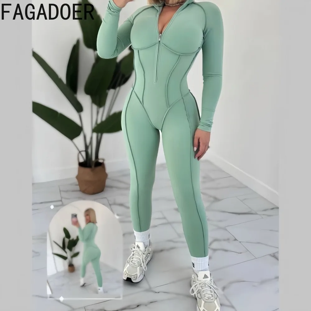 

FAGADOER Fashion High Quality Sports Bodycon Jumpsuit for Woman Stripe Patchwork Elasticity Rompers Female Streetwear Overalls