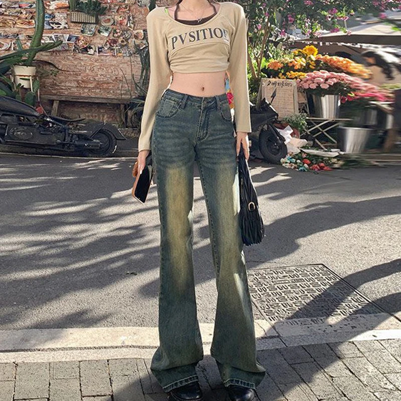 Women's Vintage Washed Gradient Flare Jeans High Waist Slim Fit Casual Bell Bottom Denim Pants