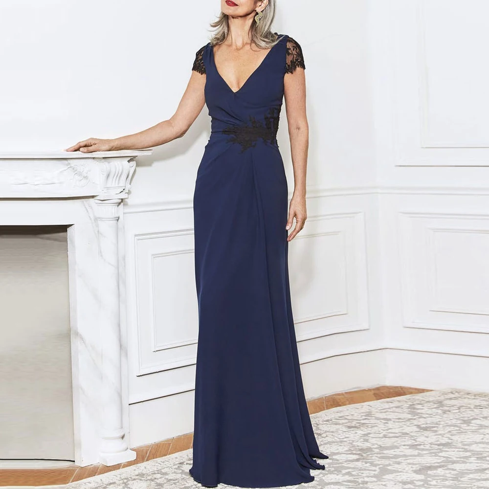 Customized Navy Blue Mother Of The Bride Dresses Lace Appliques Sheath Short Sleeve Floor-Length Prom Dress Simple V-Neck Long P