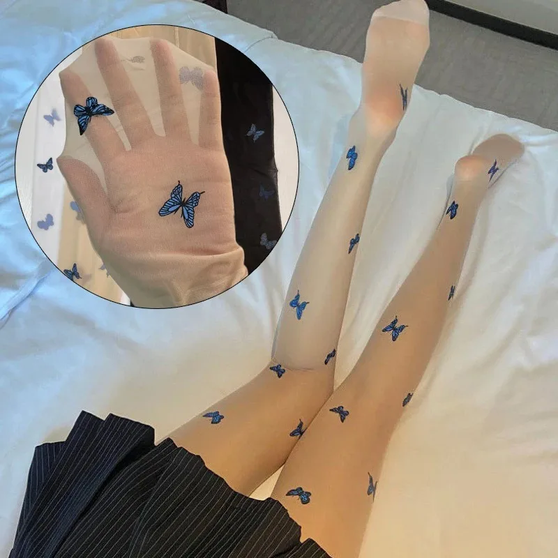 Sexy Blue Butterfly Women Tights Summer Thin Silk Stockings Pantyhose Lolita Girls Hollowed Black Lace Bottomed Leggings Hosiery