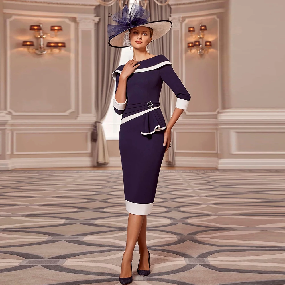 Exquisite Guest Wedding Party Dresses Crepe Fabric Sheath/Column Cocktail Dress Navy Blue O-Neck Pearls Ruffles Prom Dress Midi