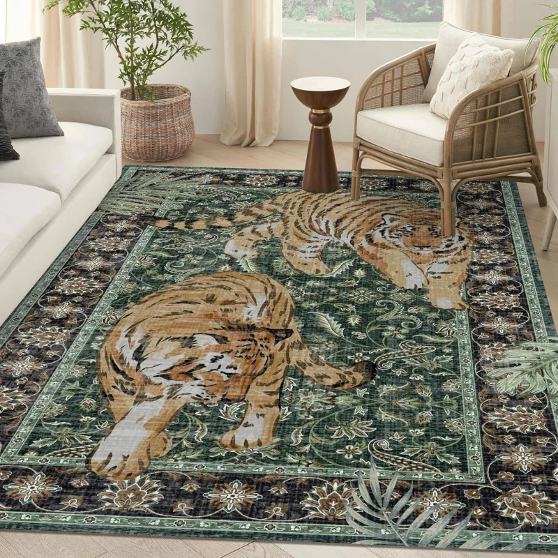 VIKAMA Vintage Tiger Floral Large Area Carpet Anti-slip Easy-to-Clean Sofa Mat Office Bedroom Carpet Home Decoration