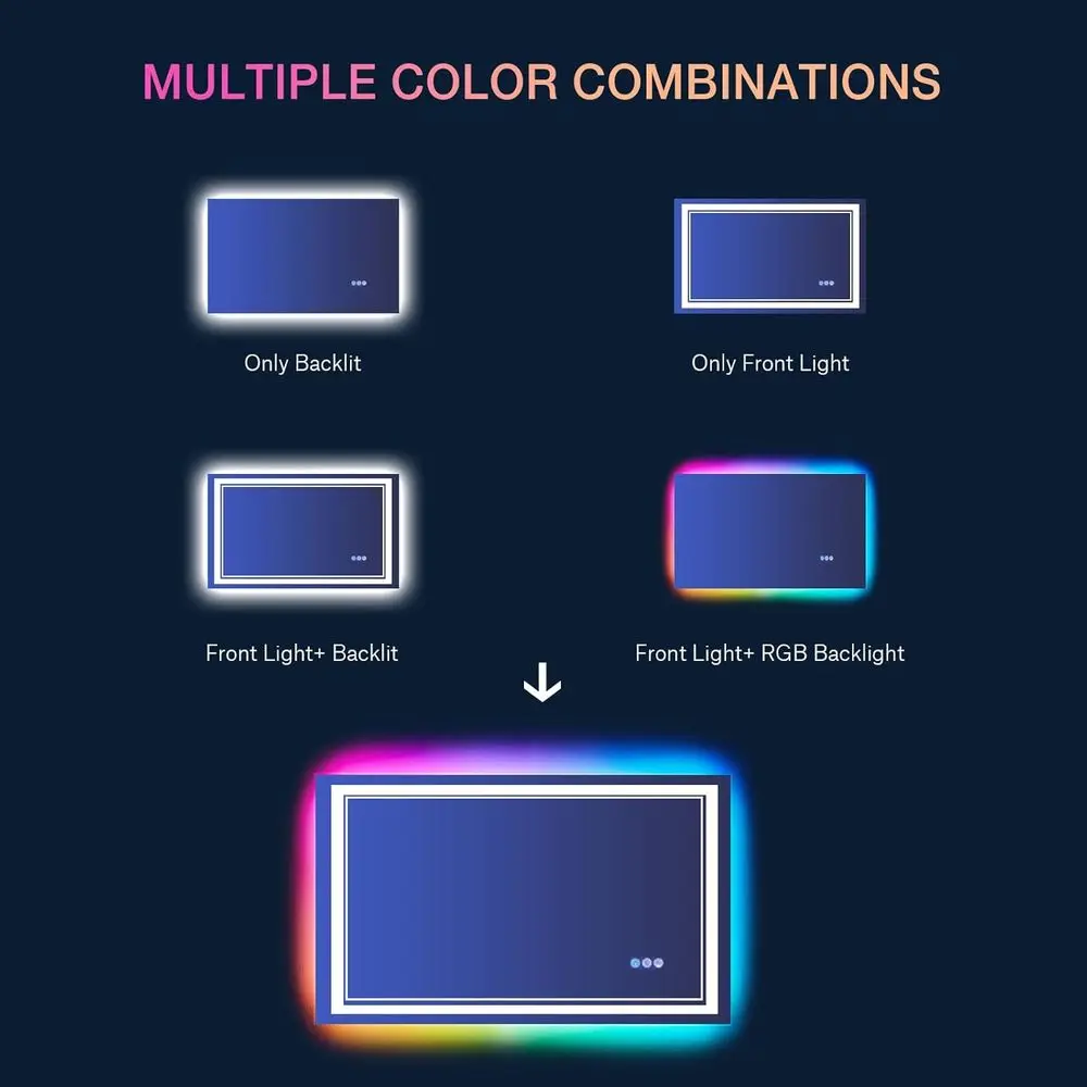 Miroir de courtoisie LED RVB incassable 40 x 24 pouces avec rétroéclairage variable, antibuée et multicolore pour salle de bain