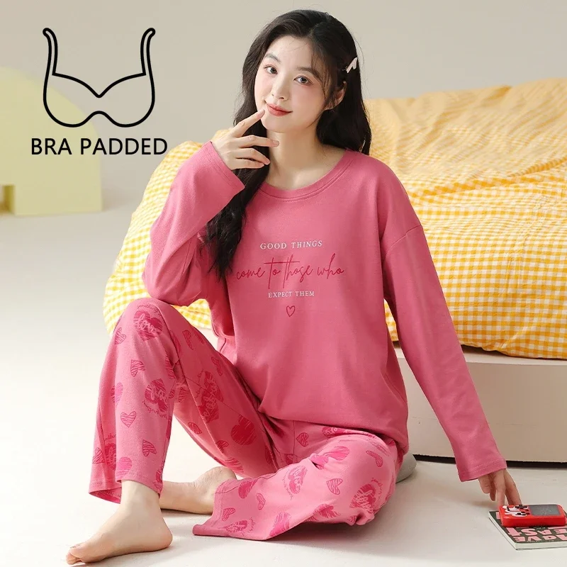 New Autumn Sweet Woman Pajamas with Bra Pads Long Sleeves Pants Pijamas Fashion Soft Homewear Woman Fox Print Sleepwear