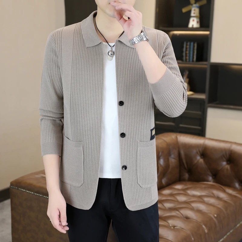 

Мужской повседневный вязаный кардиган на весну-осень, тонкий свитер с отложным воротником, легкая драпированная цветная верхняя одежда
