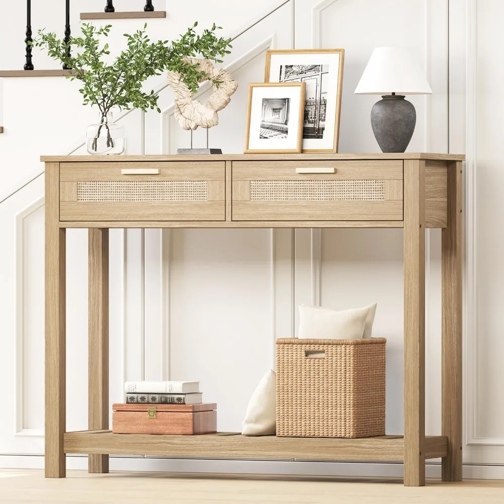 Консольный столик из ротанга в стиле бохо с ящиками и местом для хранения вещей, узкий столик в прихожей, небольшой входной столик для гостиной, фойе, B