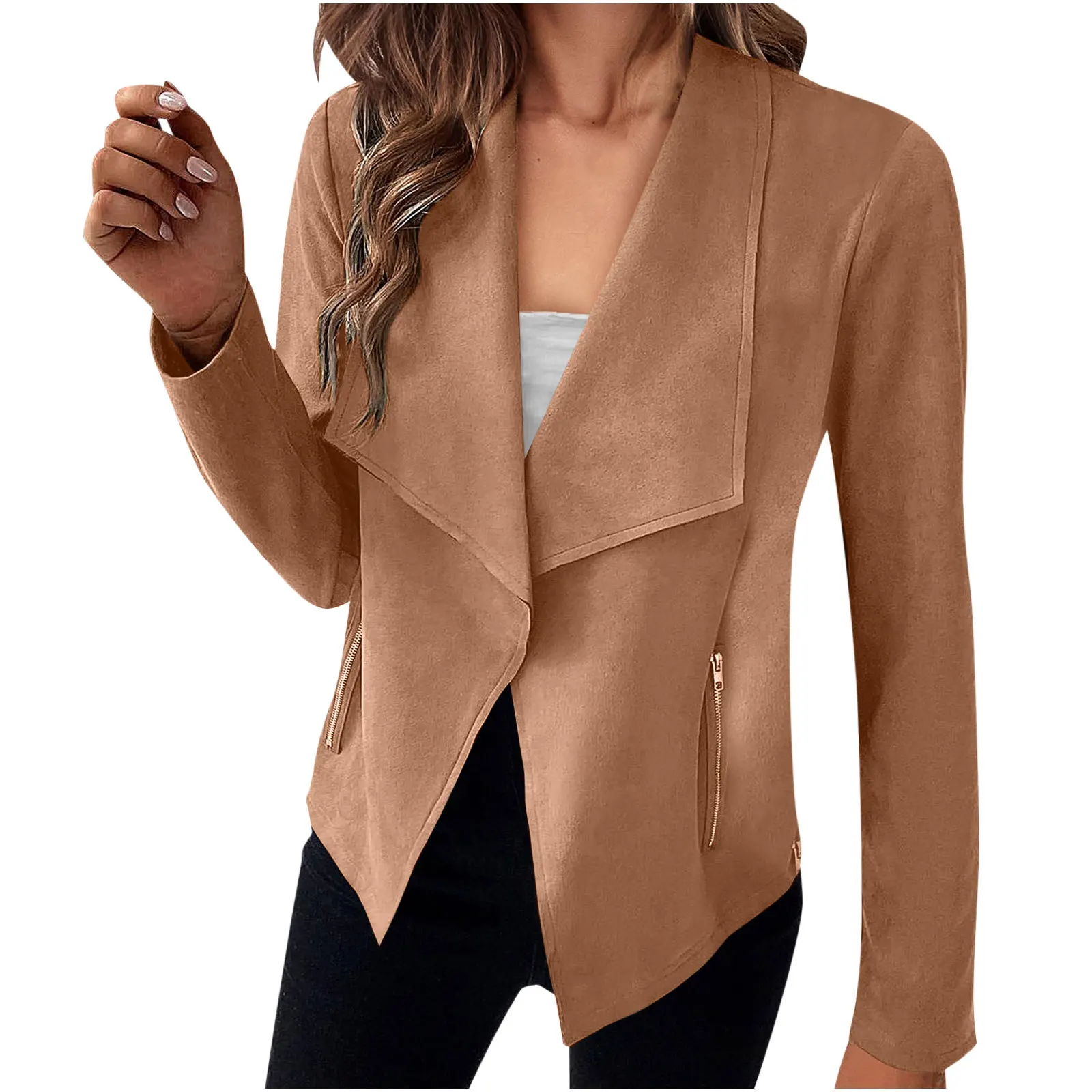 Women Faux Suede Jackets 2023 Outwear Fall Clothes Long Sleeve Side Zipper Open Front Casual Coat Solid Black Khaki Jacket