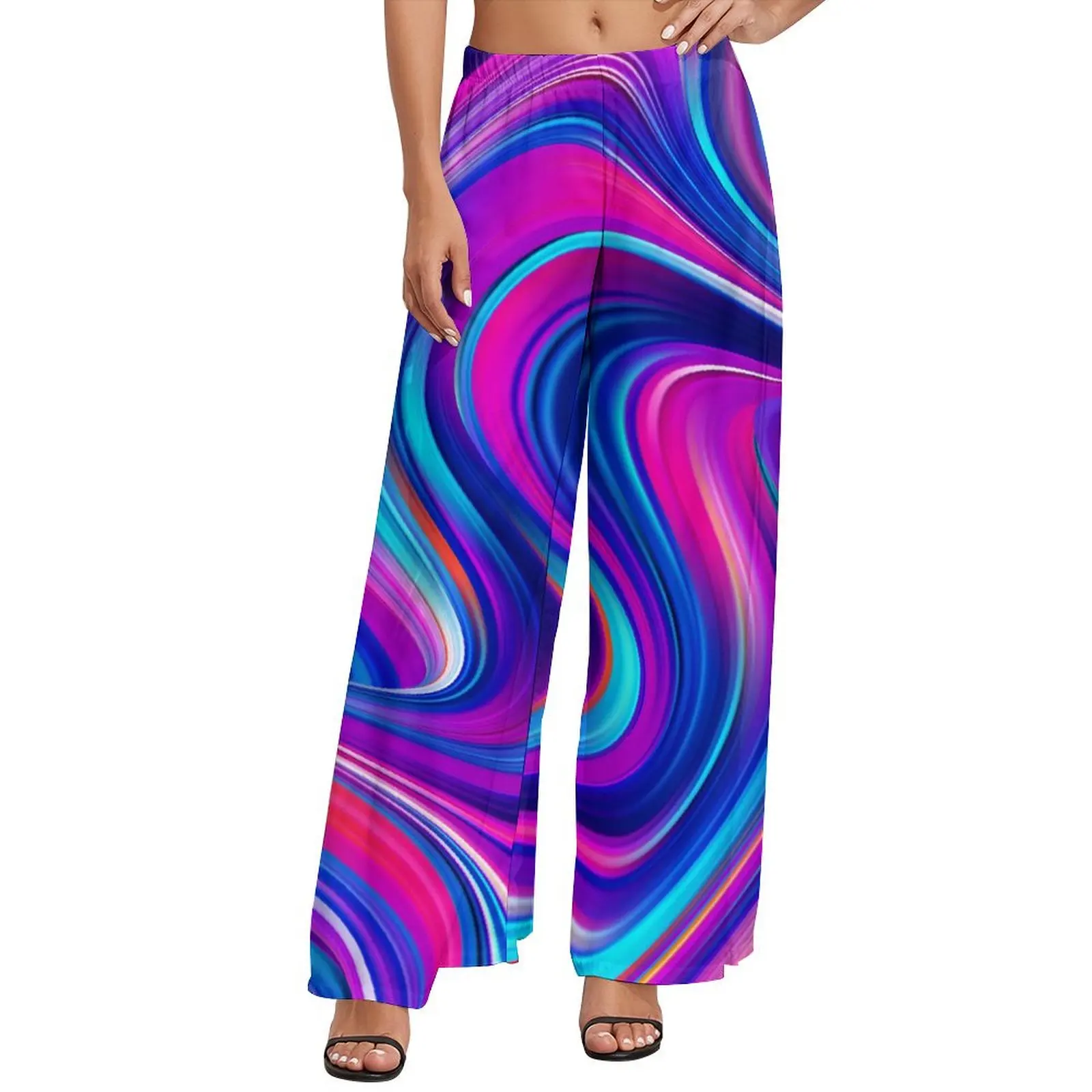 

Rainbow Print Pants Elastic High Waist Marbled Abstract Modern Trousers Aesthetic Graphic Wide Leg Pants