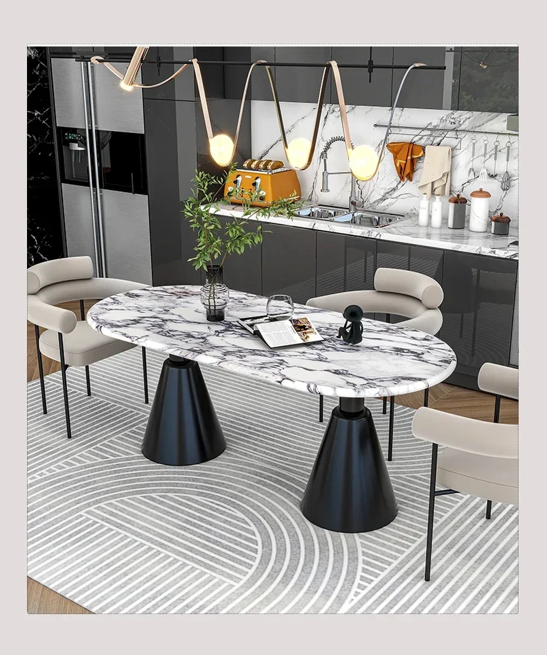 A  French Cream Style Marble Slate Holy Grail Dining Table Black Oval Holy Grail Dining Table Household
