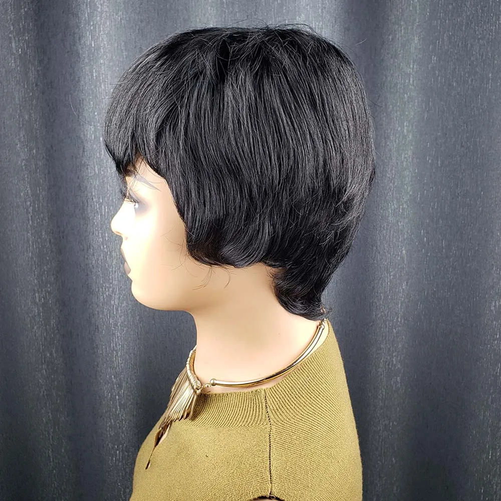 Pixie-Perücken für schwarze Frauen, Echthaar, kurze geschichtete Perücken mit Pony, voll maschinell hergestellte, maschinell hergestellte Perücke in natürlicher Farbe