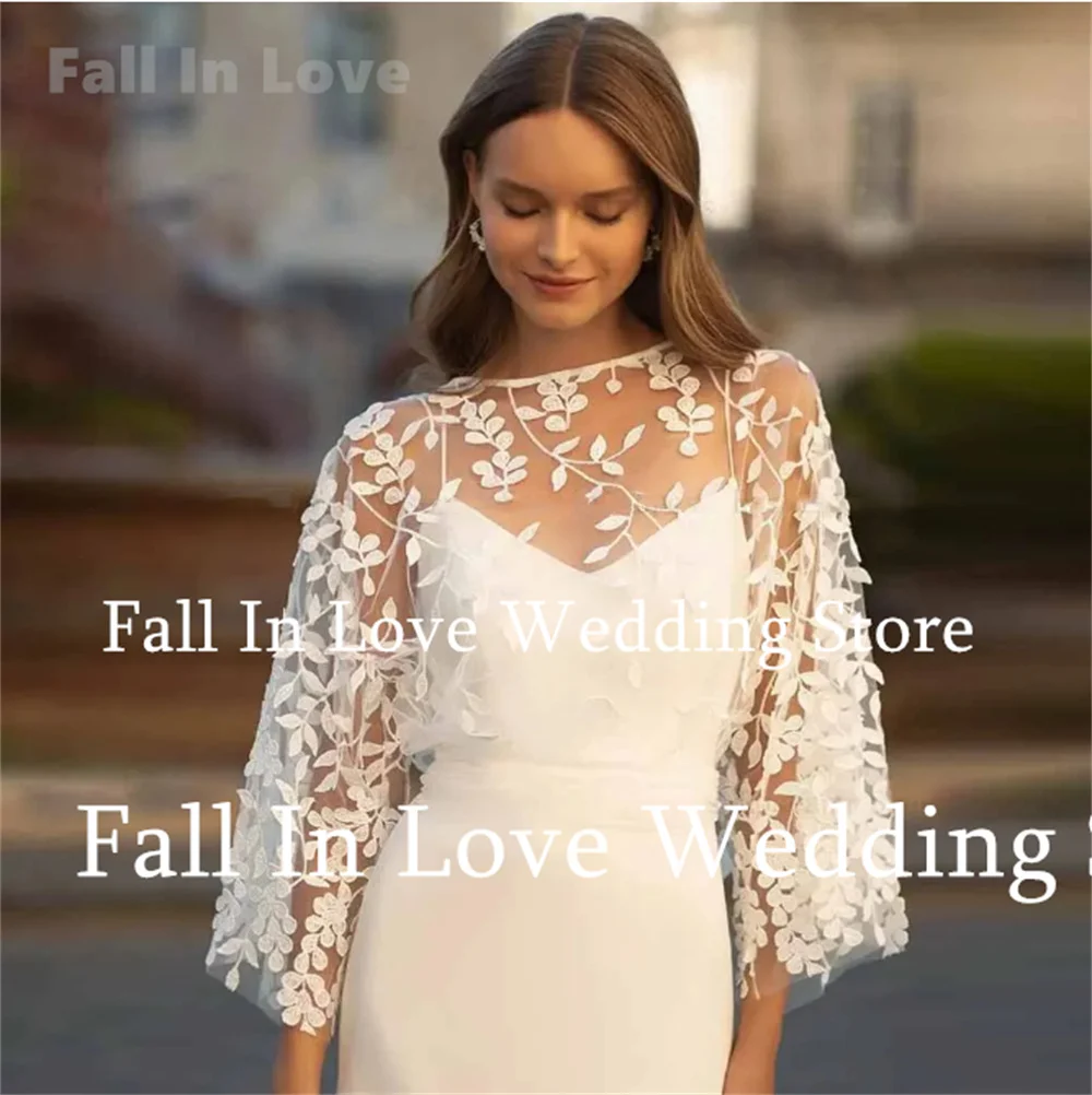 Fall In Love-Robe de mariée à manches longues et col rond pour femmes, appliques florales, robe de patients, longueur au sol, nouveau, éducatif, 2024