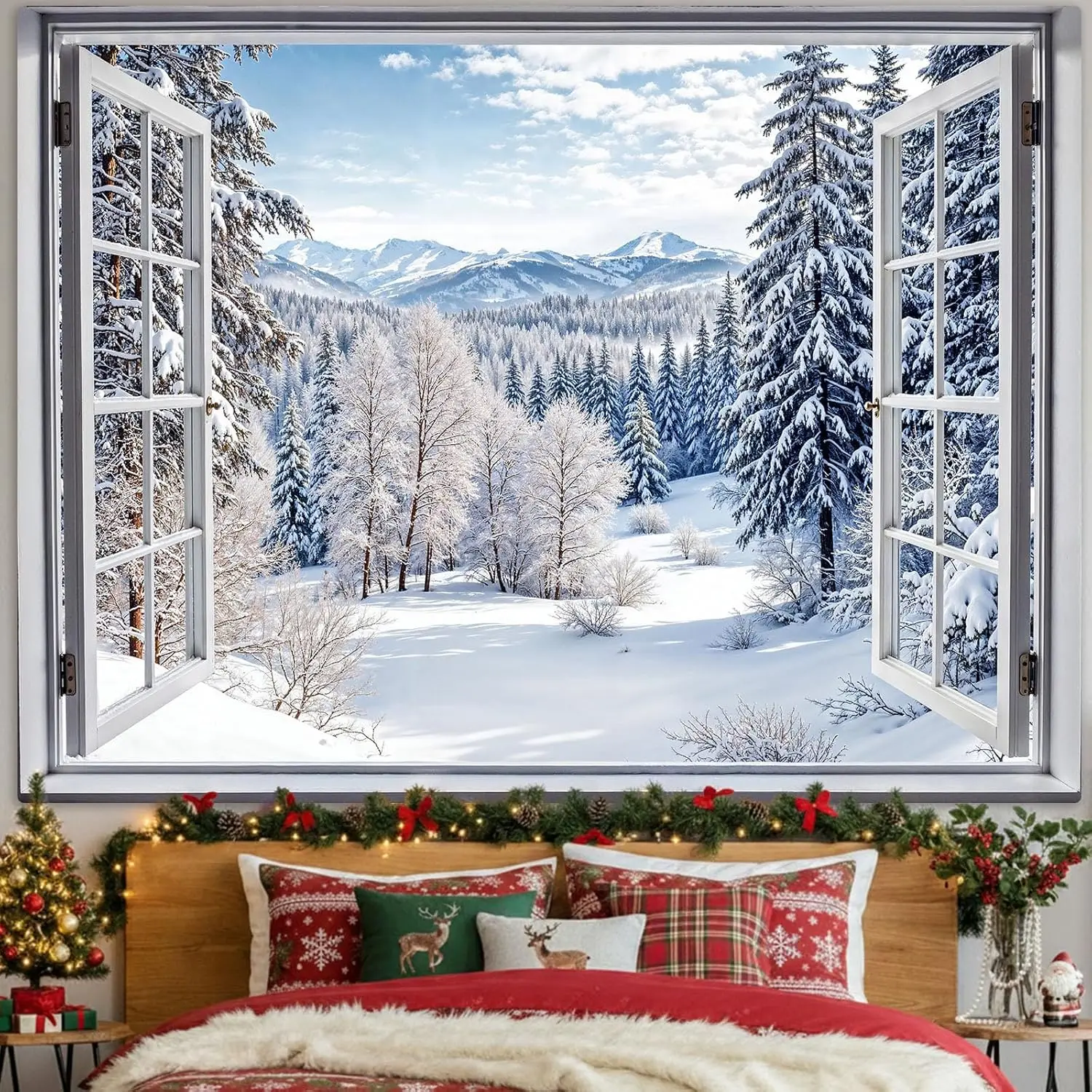 Large Snowy Winter Mountain Landscape Tapestry Wall Hanging Christmas Forest Cabin Decor Polyester Art Home Xmas Gift Decoration