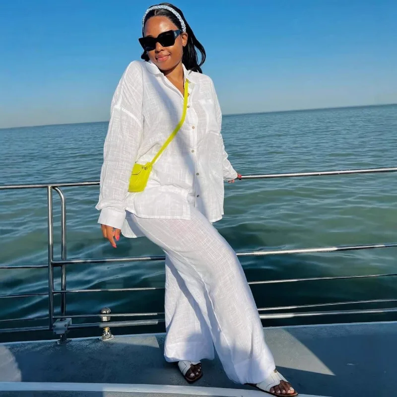 Summer White Linen Two Piece Set Oversized Loose Long Sleeve Shirt + Loose Pants Casual African Women Holiday Beach Outfits