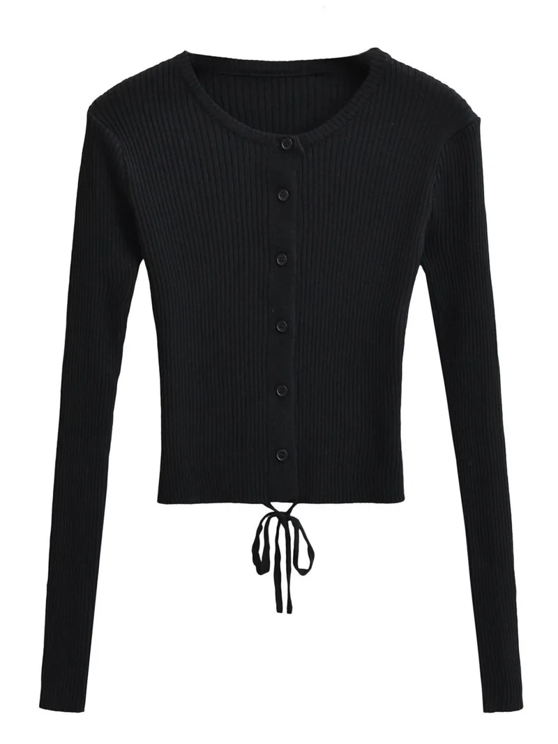 Cardigan à Manches sulfet Col Rond pour Femme, Haut Épicé à Lacets, Boutonnage Simple, Cintré à la Taille, Slim, Nouvelle Collection Automne 2024, ZGSO